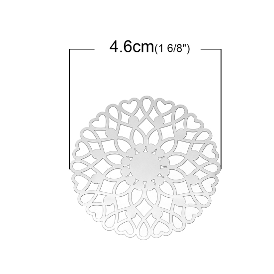304ステンレス鋼 ハンドメイド  フィリグリー   透かしパーツ  円形 シルバートーン 花柄 0.3mm 4.6cm　直径、 10 個 の画像
