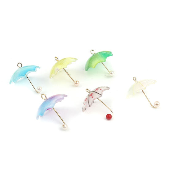 Picture of Zinc Based Alloy & Resin Charms Umbrella Gold Plated Green Imitation Pearl 20mm x 18mm, 5 PCs