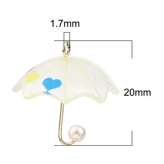 Picture of Zinc Based Alloy & Resin Charms Umbrella Heart Gold Plated Beige Imitation Pearl 20mm x 18mm, 5 PCs