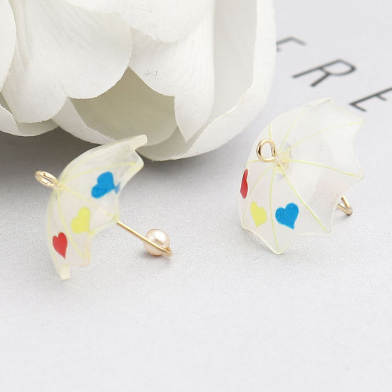 Picture of Zinc Based Alloy & Resin Charms Umbrella Heart Gold Plated Beige Imitation Pearl 20mm x 18mm, 5 PCs