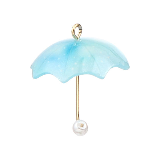 Picture of Zinc Based Alloy & Resin Charms Umbrella Gold Plated Blue Imitation Pearl 20mm x 18mm, 5 PCs