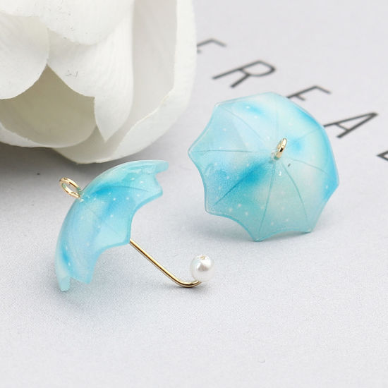 Picture of Zinc Based Alloy & Resin Charms Umbrella Gold Plated Blue Imitation Pearl 20mm x 18mm, 5 PCs