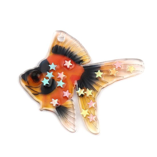 Picture of Resin Ocean Jewelry Pendants Goldfish Black & Orange Sequins 38mm x 33mm, 3 PCs