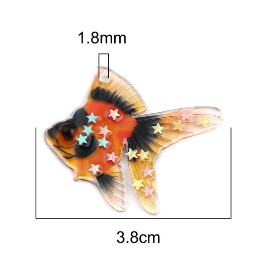 Picture of Resin Ocean Jewelry Pendants Goldfish Black & Orange Sequins 38mm x 33mm, 3 PCs