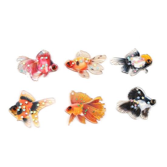 Picture of Resin Ocean Jewelry Pendants Goldfish Black & Orange Sequins 38mm x 33mm, 3 PCs