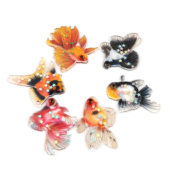 Picture of Resin Ocean Jewelry Pendants Goldfish Black & Orange Sequins 38mm x 33mm, 3 PCs