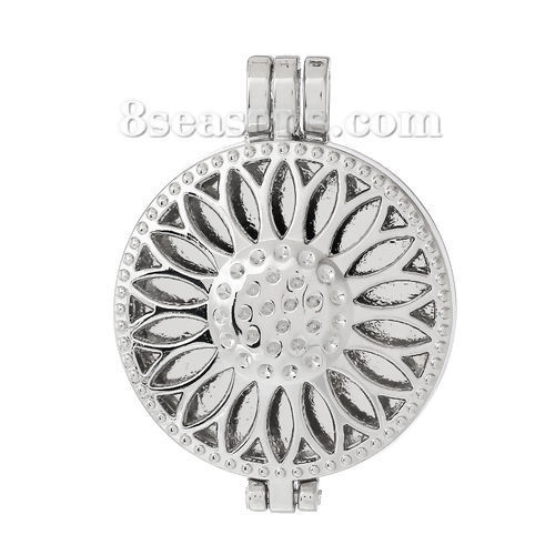 Picture of Zinc Based Alloy Aromatherapy Essential Oil Diffuser Locket Pendants Round Silver Tone Sunflower Hollow Carved Can Open (Fits 30mm Dia., Can Hold ss4 Rhinestone) 4.4cm x3.3cm(1 6/8" x1 2/8"), 1 Piece