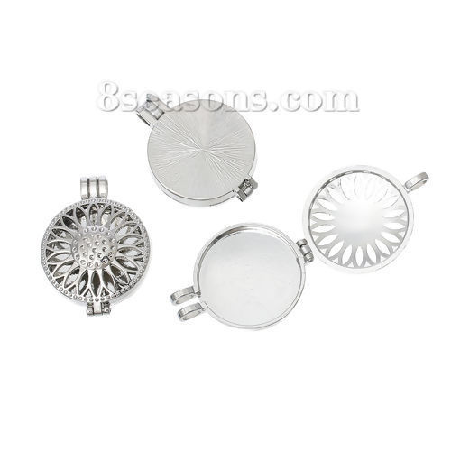 Picture of Zinc Based Alloy Aromatherapy Essential Oil Diffuser Locket Pendants Round Silver Tone Sunflower Hollow Carved Can Open (Fits 30mm Dia., Can Hold ss4 Rhinestone) 4.4cm x3.3cm(1 6/8" x1 2/8"), 1 Piece