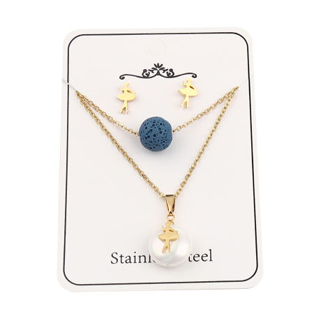 Image de kit Parure Boucles d'Oreilles Collier en Acier Inoxydable & Pierre de Lave Doré Bleu Foncé Danseuse Rond Imitation Perles 40cm Long, 10mm x 6mm, Epaisseur de Fil: (21 gauge), 1 Kit