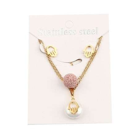 Image de kit Parure Boucles d'Oreilles Collier en Acier Inoxydable & Pierre de Lave Religieux Doré Rose Rond Khamsa Symbole Paume Imitation Perles 40cm Long, 9mm x 8mm, Epaisseur de Fil: (21 gauge), 1 Kit
