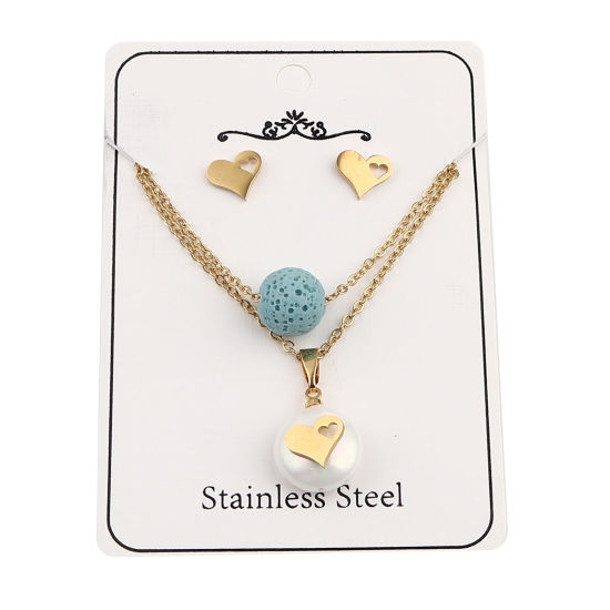 Picture of Stainless Steel & Lava Rock Jewelry Necklace Stud Earring Set Gold Plated Light Blue Round Heart Imitation Pearl 40cm(15 6/8") long, 9mm x 8mm, Post/ Wire Size: (21 gauge), 1 Set