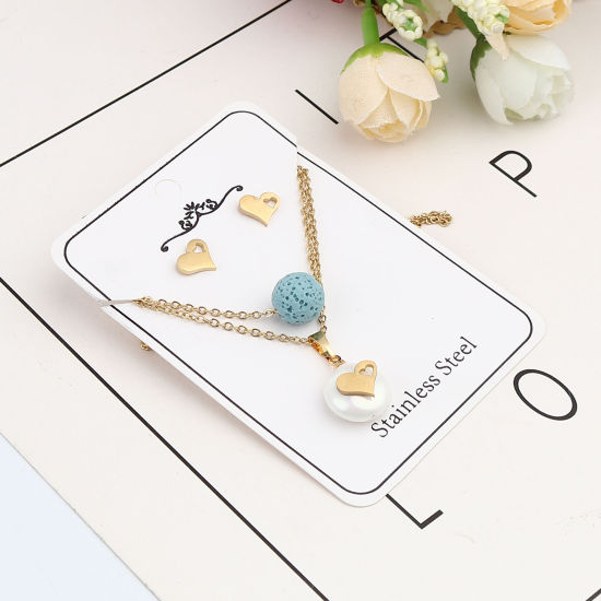 Picture of Stainless Steel & Lava Rock Jewelry Necklace Stud Earring Set Gold Plated Light Blue Round Heart Imitation Pearl 40cm(15 6/8") long, 9mm x 8mm, Post/ Wire Size: (21 gauge), 1 Set
