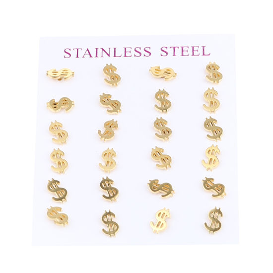 Picture of Stainless Steel Ear Post Stud Earrings Set Gold Plated Money Sign 9mm x 6mm, Post/ Wire Size: (20 gauge), 1 Set ( 12 Pairs/Set)