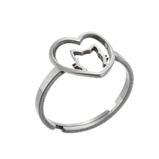 Bild von Edelstahl Einstellbar Ring Silberfarbe Herz Katze 1 Stück