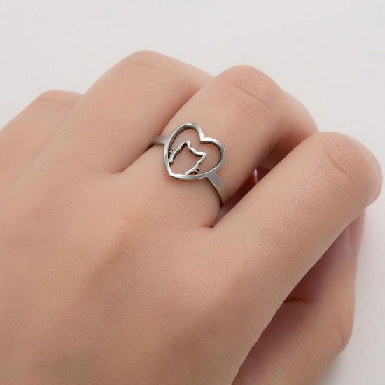 Bild von Edelstahl Einstellbar Ring Silberfarbe Herz Katze 1 Stück