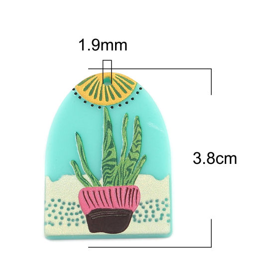 Bild von Acryl Anhänger Bogen Grün , mit Topfpflanze Muster, 38mm x 27mm, 3 Stück