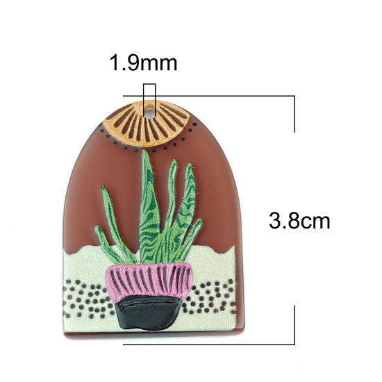 Bild von Acryl Anhänger Bogen Kaffeebraun , mit Topfpflanze Muster, 38mm x 27mm, 3 Stück