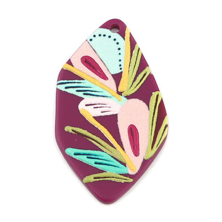 Picture of Resin Pendants Polygon Purple Flower 46mm x 26mm, 3 PCs
