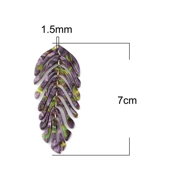 Bild von Essigsäureharz Marmor Anhänger Blätter Vergoldet Violett & Grün 70mm x 30mm, 2 Stück