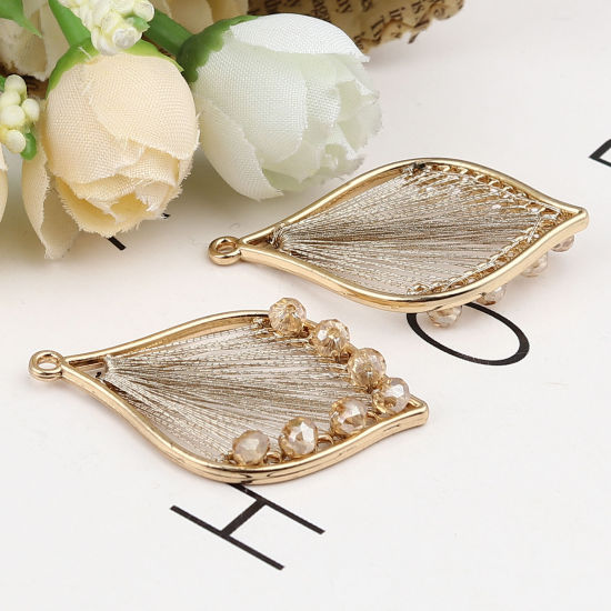 Immagine di Ferro + Vetro Filo Avvolto Ciondoli Foglia Oro Placcato Champagne 42mm x 26mm , 3 Pz