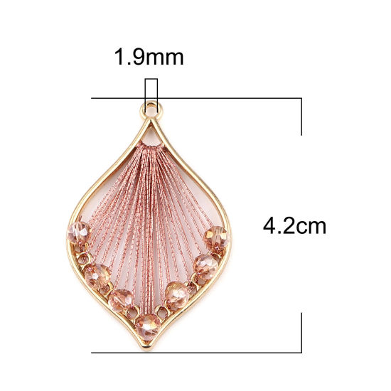 Immagine di Ferro + Vetro Filo Avvolto Ciondoli Foglia Oro Placcato Rosa Caldo 42mm x 26mm , 3 Pz