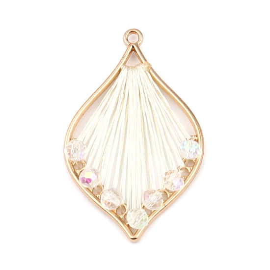 Immagine di Ferro + Vetro Filo Avvolto Ciondoli Foglia Oro Placcato Bianco Sporco 42mm x 26mm , 3 Pz