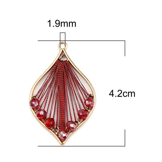 Immagine di Ferro + Vetro Filo Avvolto Ciondoli Foglia Oro Placcato Colore di Vino Rosso 42mm x 26mm , 3 Pz