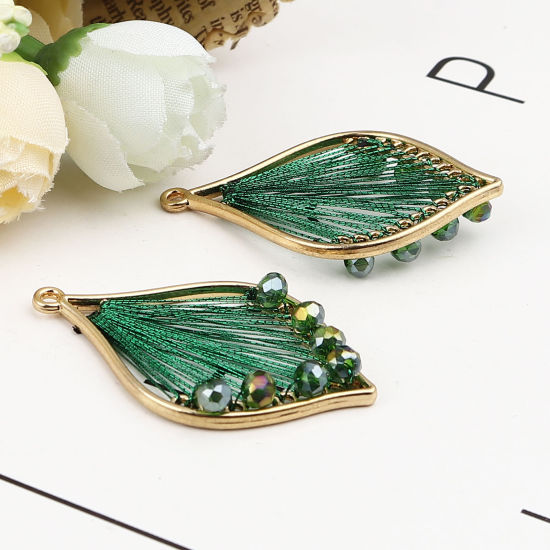 Immagine di Ferro + Vetro Filo Avvolto Ciondoli Foglia Oro Placcato Verde 42mm x 26mm , 3 Pz