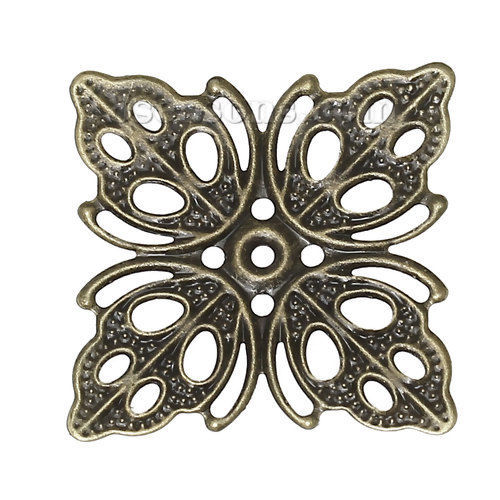 Picture of Filigree Stamping Embellishments Findings Square Antique Bronze Flower Hollow Pattern 26.0mm(1") x 26.0mm(1"), 100 PCs