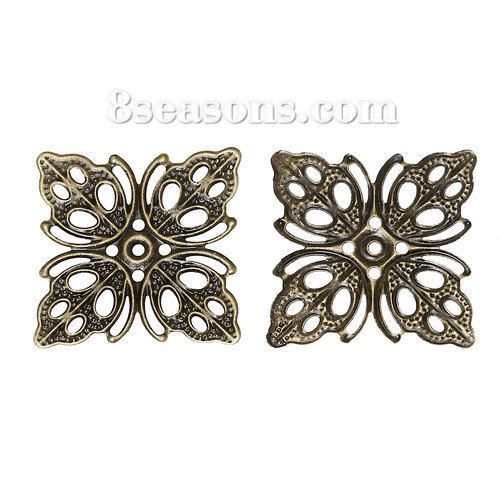 Picture of Filigree Stamping Embellishments Findings Square Antique Bronze Flower Hollow Pattern 26.0mm(1") x 26.0mm(1"), 100 PCs