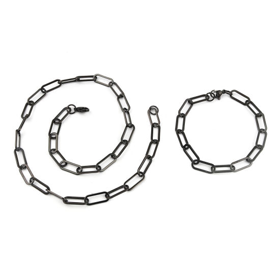 Bild von 1 Set ( 2 Stück/Set) Vakuumbeschichtung Edelstahl Schmuck Set Halskette Armband Schwarz Oval 45cm lang, 19.6cm lang