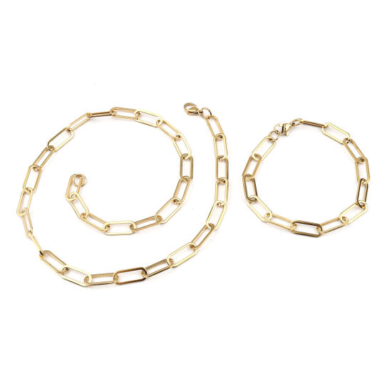 Bild von 1 Set ( 2 Stück/Set) Vakuumbeschichtung Edelstahl Schmuck Set Halskette Armband Vergoldet Oval 45cm lang, 19.6cm lang