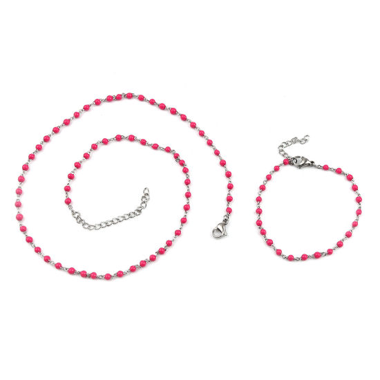 Imagen de Acero Inoxidable Joyería Collar Pulseras Set Tono de Plata Fucsia Esmalte 45cm longitud, 17cm longitud, 1 Juego ( 2 Unidades/Juego)