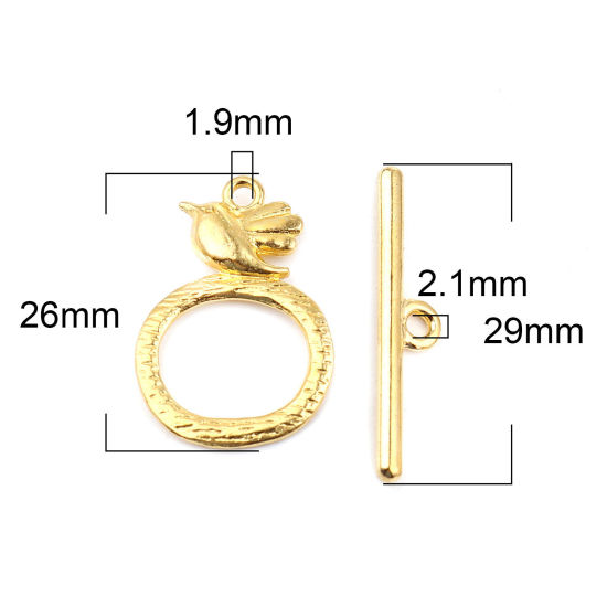 Bild von Zinklegierung Knebelverschluss Ring Vergoldet , mit Vogel Muster, 29mm x 6mm 26mm x 18mm, 20 Sets