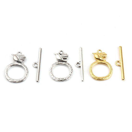 Picture of Zinc Based Alloy Toggle Clasps Circle Ring Gold Plated Bird 29mm x 6mm 26mm x 18mm, 20 Sets