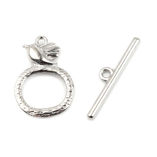 Bild von Zinklegierung Knebelverschluss Ring Silberfarbe , mit Vogel Muster, 29mm x 6mm 26mm x 18mm, 20 Sets