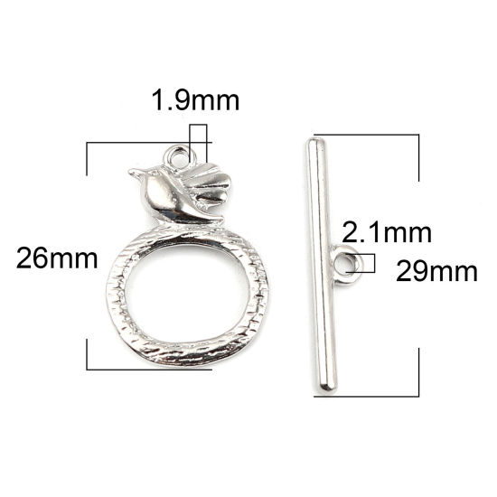 Bild von Zinklegierung Knebelverschluss Ring Silberfarbe , mit Vogel Muster, 29mm x 6mm 26mm x 18mm, 20 Sets