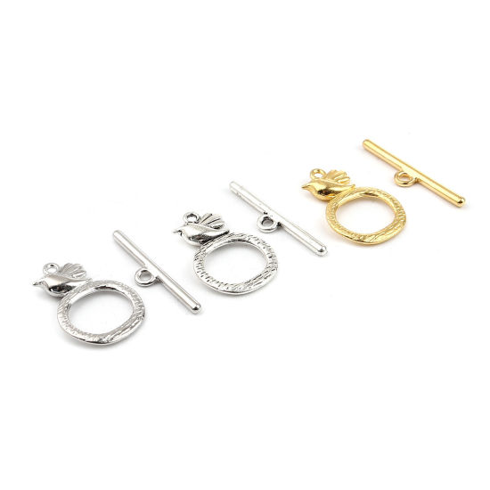 Picture of Zinc Based Alloy Toggle Clasps Circle Ring Silver Tone Bird 29mm x 6mm 26mm x 18mm, 20 Sets