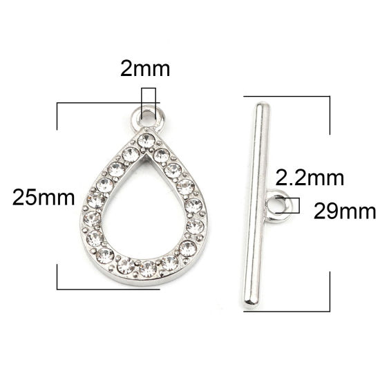 Image de Fermoir Toggle en Alliage de Zinc Forme Goutte d'Eau Argent Mat Transparentà Strass 29mm x 6mm 25x16mm, 5 Kits