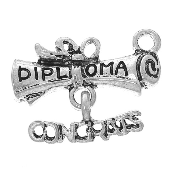 Picture of Graduation Jewelry Zinc Based Alloy Charms Book Antique Silver Color Bowknot Message " CONGRATS DIPLOMA " Carved 21mm( 7/8") x 16mm( 5/8"), 1 Piece