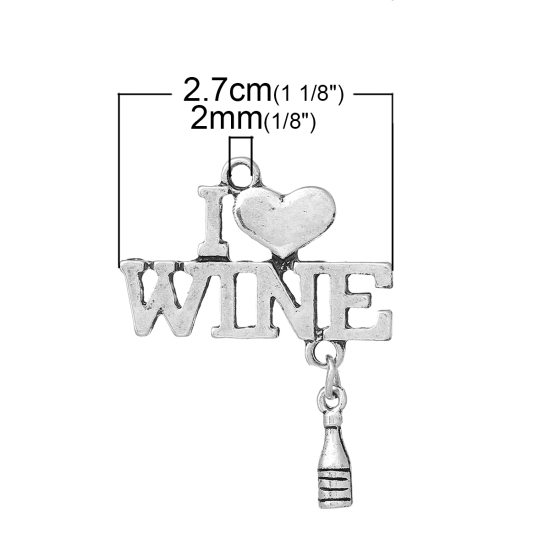Immagine di Lega di Zinco Charm Ciondoli Bottiglia Argento Antico Cuore Scolpito " wine " (Addetti ss6 Strass) Filigrana 35mm x 27mm , 10 Pz