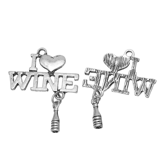 Immagine di Lega di Zinco Charm Ciondoli Bottiglia Argento Antico Cuore Scolpito " wine " (Addetti ss6 Strass) Filigrana 35mm x 27mm , 10 Pz