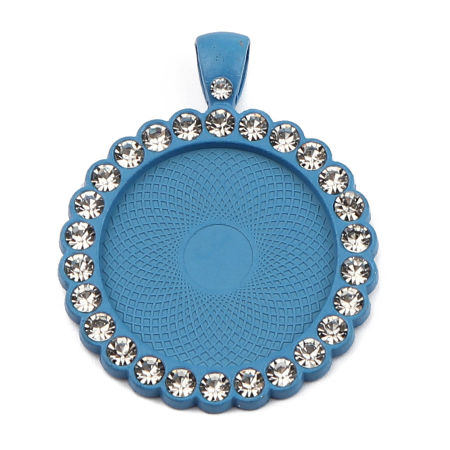 Picture of Zinc Based Alloy Cabochon Settings Pendants Round Disc Skyblue (Fits 25mm Dia.) Clear Rhinestone 43mm x 34mm, 5 PCs