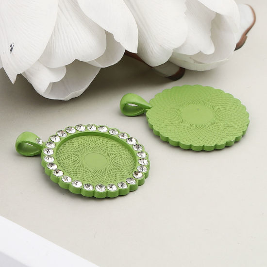Picture of Zinc Based Alloy Cabochon Settings Pendants Round Green (Fits 25mm Dia.) Clear Rhinestone 43mm x 34mm, 5 PCs