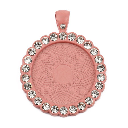 Picture of Zinc Based Alloy Cabochon Settings Pendants Round Disc Pink (Fits 25mm Dia.) Clear Rhinestone 43mm x 34mm, 5 PCs