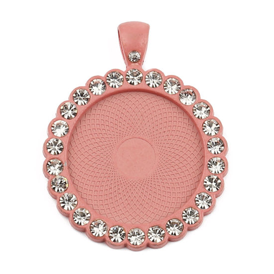 Picture of Zinc Based Alloy Cabochon Settings Pendants Round Pink (Fits 25mm Dia.) Clear Rhinestone 43mm x 34mm, 5 PCs