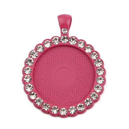 Picture of Zinc Based Alloy Cabochon Settings Pendants Round Disc Hot Pink (Fits 25mm Dia.) Clear Rhinestone 43mm x 34mm, 5 PCs