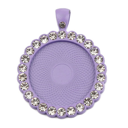 Picture of Zinc Based Alloy Cabochon Settings Pendants Round Disc Purple (Fits 25mm Dia.) Clear Rhinestone 43mm x 34mm, 5 PCs