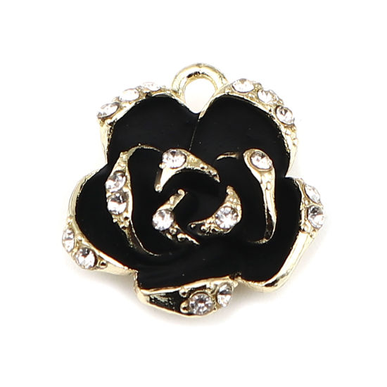 Immagine di Lega di Zinco Charms Rosa Oro Placcato Nero Trasparente Strass Smalto 21mm x 19mm , 3 Pz