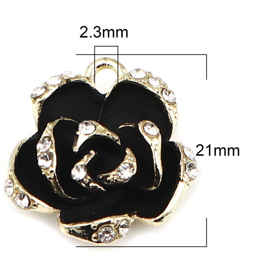 Immagine di Lega di Zinco Charms Rosa Oro Placcato Nero Trasparente Strass Smalto 21mm x 19mm , 3 Pz